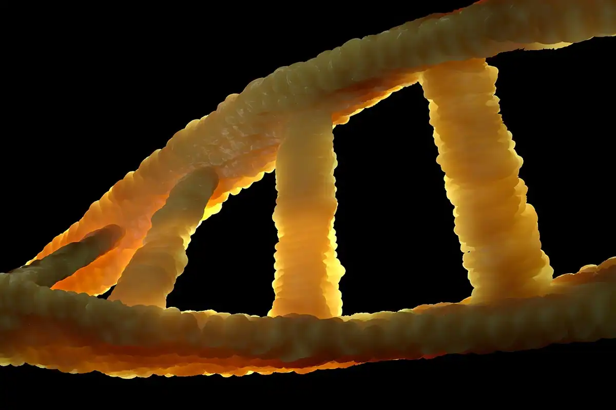 Model luminos de moleculă de ADN, în spirală, pe fundal negru