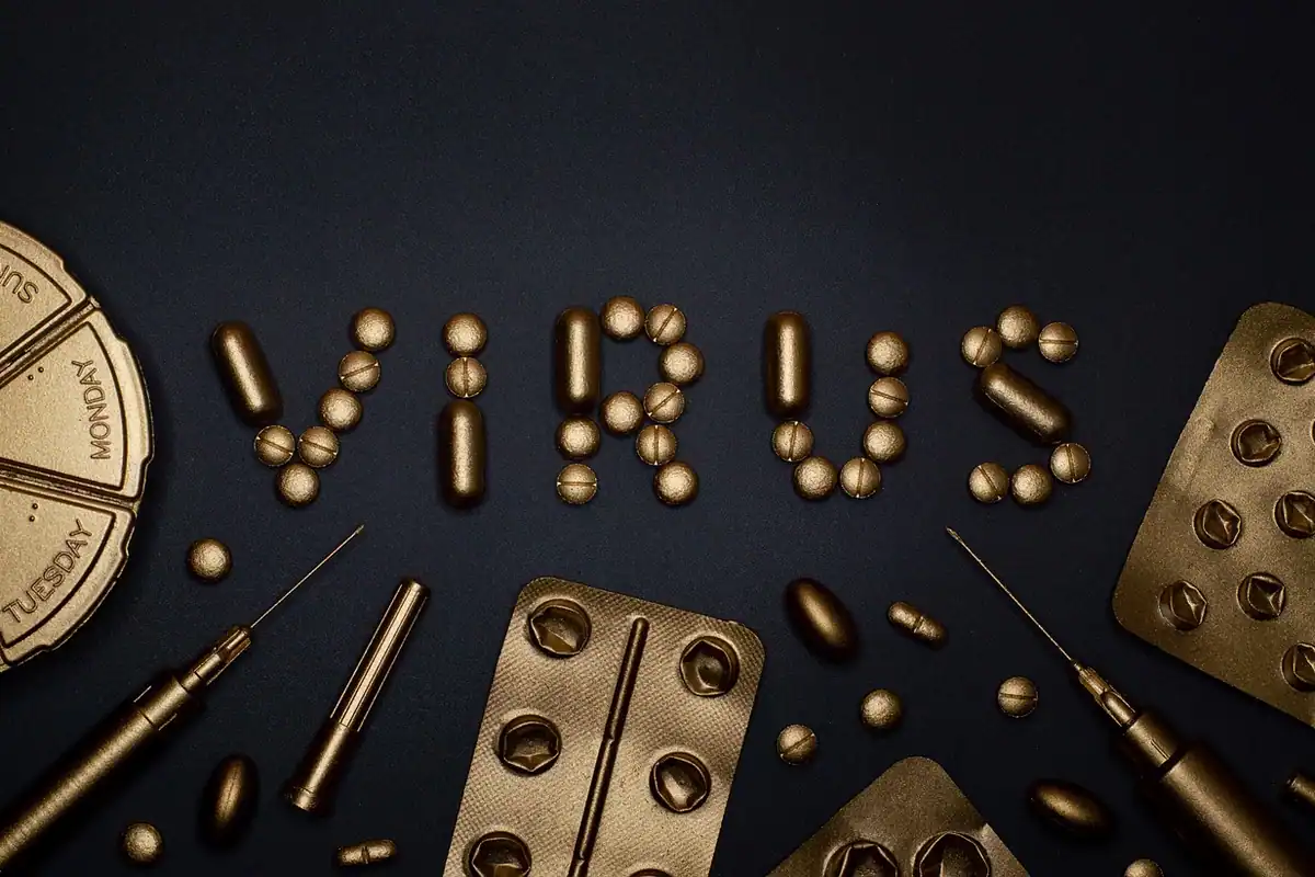 Model stilizat de virus, auriu, pe fundal alb, simbol al bolii