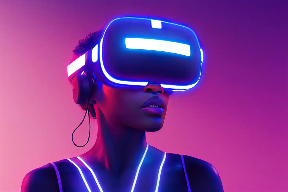 Persoană cu cască de realitate virtuală luminoasă, pe fundal violet