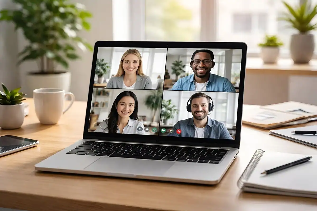Laptop cu un apel video între mai mulți participanți, pe un birou luminos