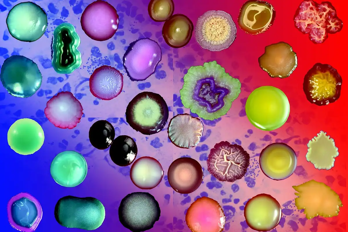 Colonii de bacterii în culori vii, văzute la microscop